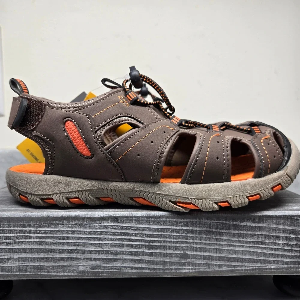 Khombu Kids Brown Orange Closed Toe Hiking Sandals (3) Bungee Lace / Water Shoes